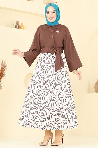 moda selvim Beli Bağlamalı Etekli Takım 262ASN888 Kahve - Thumbnail