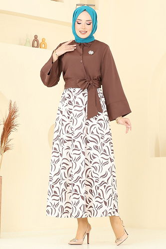 moda selvim Beli Bağlamalı Etekli Takım 262ASN888 Kahve - Thumbnail
