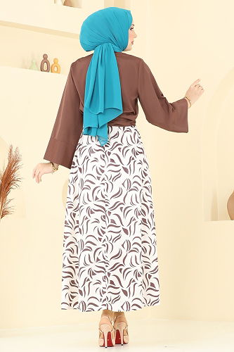 moda selvim Beli Bağlamalı Etekli Takım 262ASN888 Kahve - Thumbnail