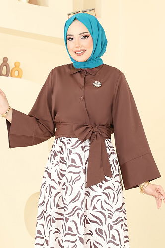 moda selvim Beli Bağlamalı Etekli Takım 262ASN888 Kahve - Thumbnail