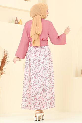 moda selvim Beli Bağlamalı Etekli Takım 262ASN888 Koyu Gül Kurusu - Thumbnail