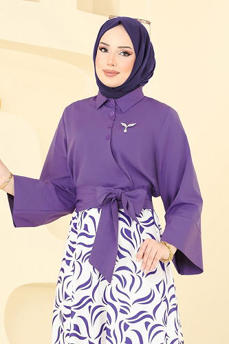 moda selvim Beli Bağlamalı Etekli Takım 262ASN888 Mor - Thumbnail
