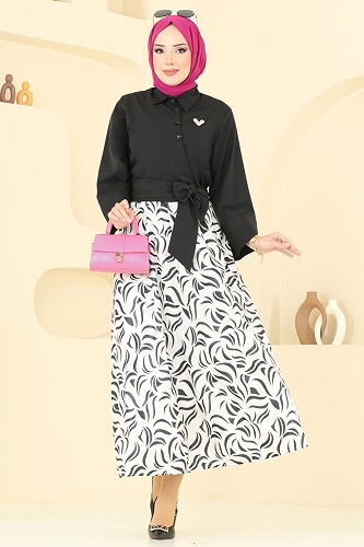 moda selvim Beli Bağlamalı Etekli Takım 262ASN888 Siyah - Thumbnail