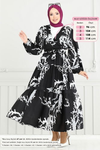 moda selvim Beli Bağlamalı Tesettür Takım 843OZN1046 Gri&Siyah - Thumbnail