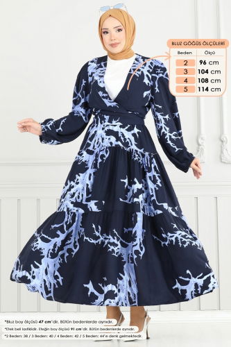 moda selvim Beli Bağlamalı Tesettür Takım 843OZN1046 İndigo&Laci - Thumbnail