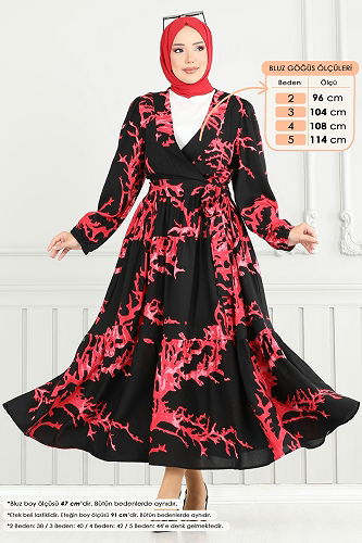 moda selvim Beli Bağlamalı Tesettür Takım 843OZN1046 Kırmızı&Siyah - Thumbnail