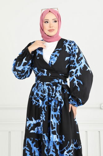 moda selvim Beli Bağlamalı Tesettür Takım 843OZN1046 Saks&Siyah - Thumbnail