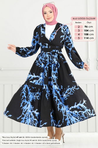moda selvim Beli Bağlamalı Tesettür Takım 843OZN1046 Saks&Siyah - Thumbnail