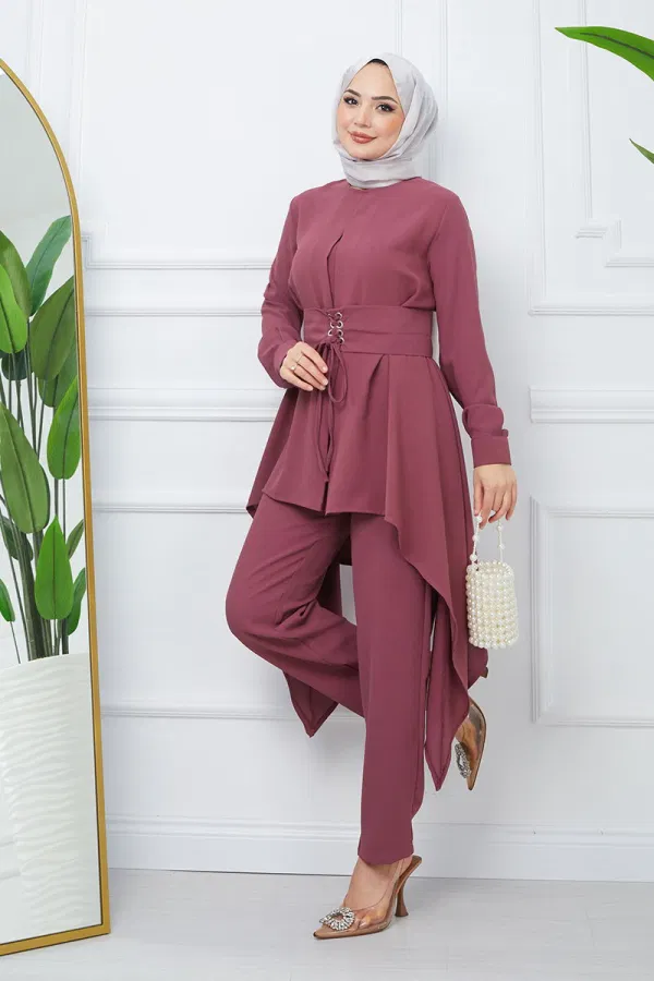 Modaselvim Kombin Beli Bağlamalı Tesettür Takım EFS531-M Gül Kurusu