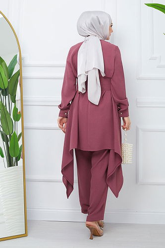 moda selvim Beli Bağlamalı Tesettür Takım EFS531-M Gül Kurusu - Thumbnail