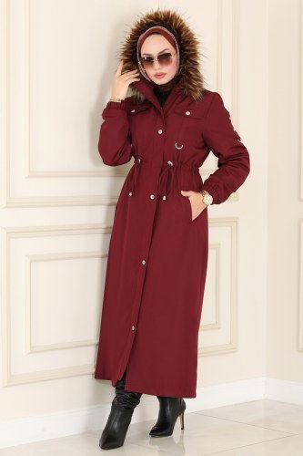 moda selvim Beli Büzgülü Kürklü Trençkot 4599MDH809 Bordo - Thumbnail