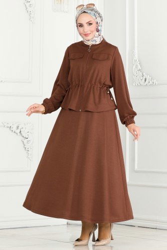 moda selvim Beli Büzgülü Modal Kumaş Takım 6039YNS793 Kahve - Thumbnail