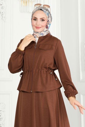 moda selvim Beli Büzgülü Modal Kumaş Takım 6039YNS793 Kahve - Thumbnail