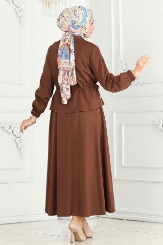 moda selvim Beli Büzgülü Modal Kumaş Takım 6039YNS793 Kahve - Thumbnail