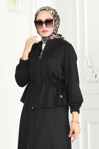 moda selvim Beli Büzgülü Modal Kumaş Takım 6039YNS793 Siyah - Thumbnail