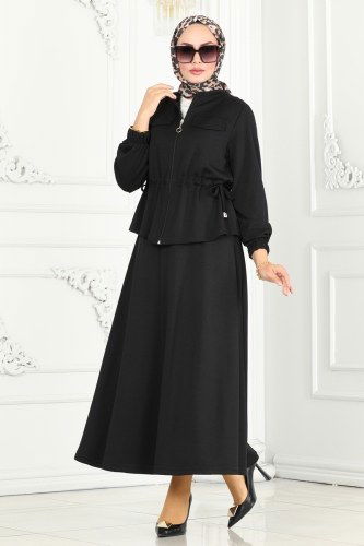 moda selvim Beli Büzgülü Modal Kumaş Takım 6039YNS793 Siyah - Thumbnail