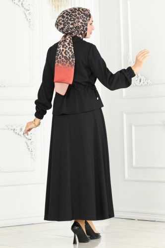 moda selvim Beli Büzgülü Modal Kumaş Takım 6039YNS793 Siyah - Thumbnail