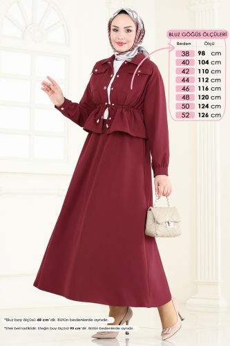 moda selvim Beli Büzgülü Tesettür Takım 730MP806 Bordo - Thumbnail