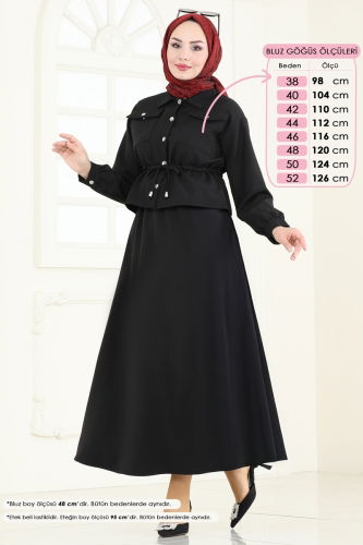 moda selvim Beli Büzgülü Tesettür Takım 730MP806 Siyah - Thumbnail