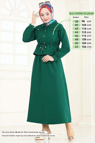 moda selvim Beli Büzgülü Tesettür Takım 730MP806 Zümrüt - Thumbnail