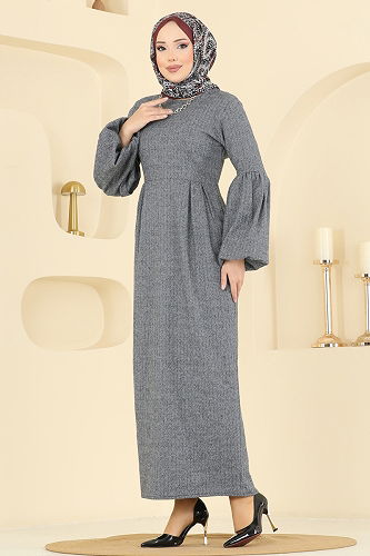 moda selvim Beli Dikişli Balıksırtı Elbise 24085UKBK1160 Gri - Thumbnail