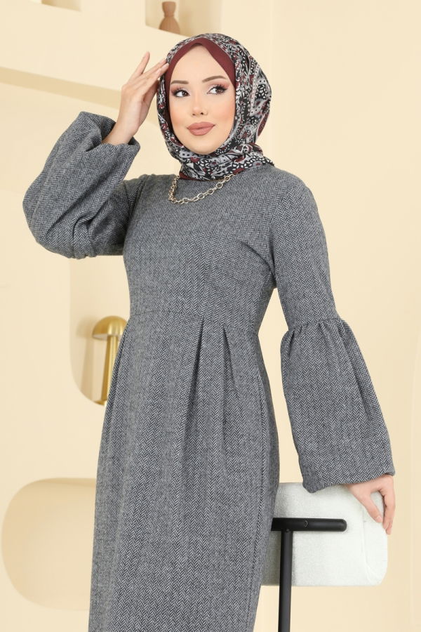 Modaselvim Elbise Beli Dikişli Balıksırtı Elbise 24085UKBK1160 Gri