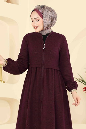 moda selvim Beli Dikişli Balıksırtı Ferace 24083UKBK1160 Bordo - Thumbnail