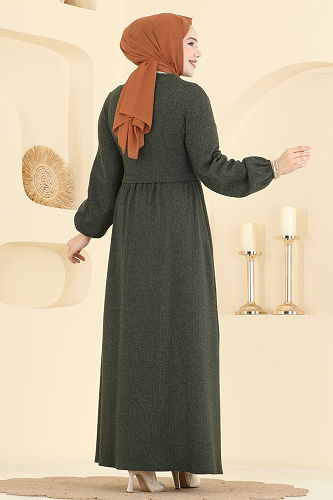 moda selvim Beli Dikişli Balıksırtı Ferace 24083UKBK1160 Haki - Thumbnail