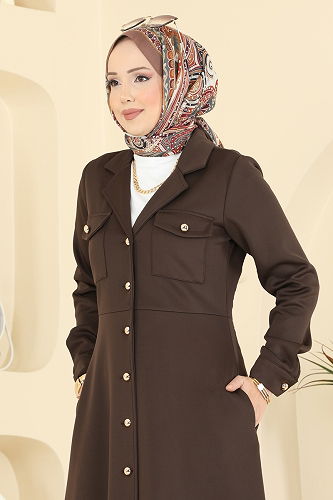 moda selvim Beli Dikişli Scuba Elbise 2772SL432 Koyu Kahve - Thumbnail