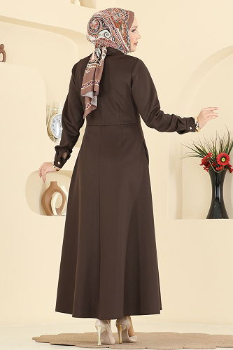 moda selvim Beli Dikişli Scuba Elbise 2772SL432 Koyu Kahve - Thumbnail