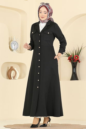 moda selvim Beli Dikişli Scuba Elbise 2772SL432 Siyah - Thumbnail