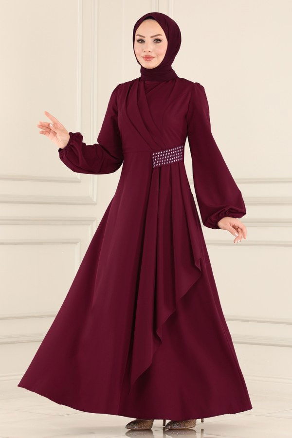 Beli Drapeli Tesettür Elbise ASM2597 Bordo - 2