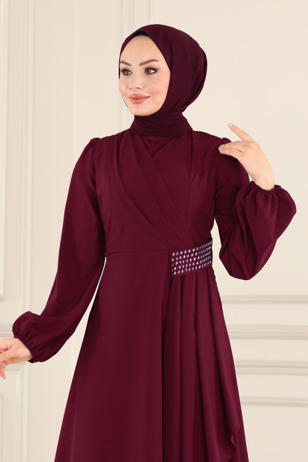 Beli Drapeli Tesettür Elbise ASM2597 Bordo - 4