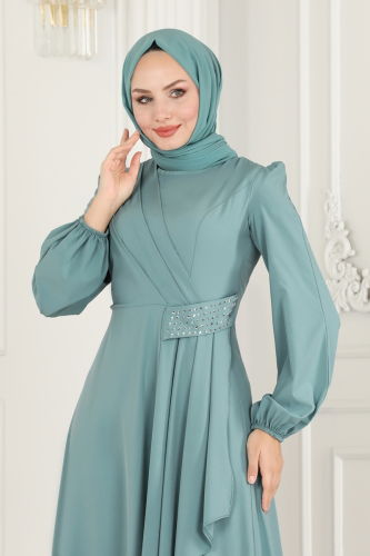 moda selvim Beli Drapeli Tesettür Elbise ASM2597 Mint - Thumbnail