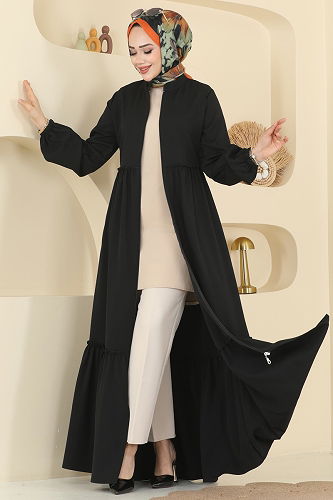 moda selvim Beli Fırfırlı Dabıl Ferace 2798SL432 Siyah - Thumbnail