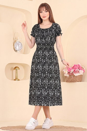 moda selvim Beli Gipeli Desenli Elbise 001HBS856 Siyah - Thumbnail