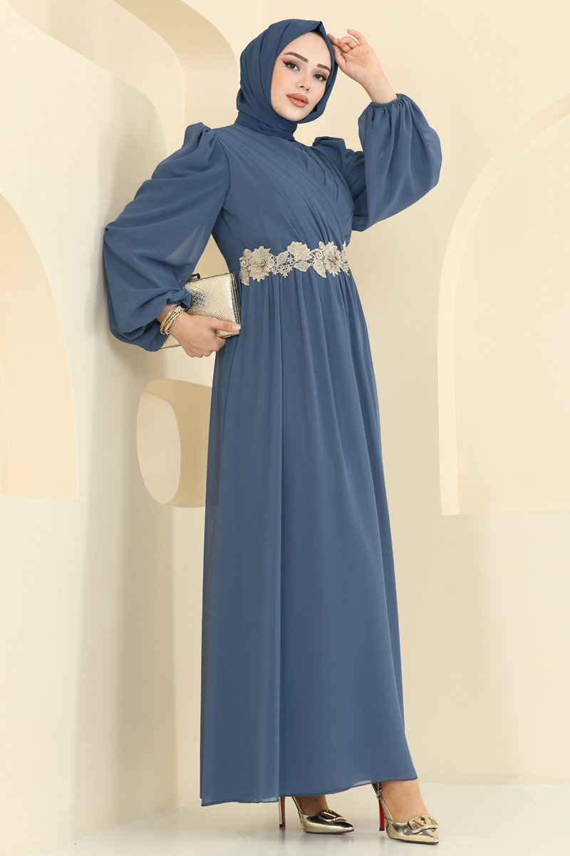 Beli Güpürlü Şifon Abiye 8115AB368 İndigo