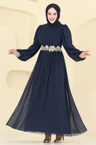 moda selvim Beli Güpürlü Şifon Abiye 8115AB368 Laci - Thumbnail