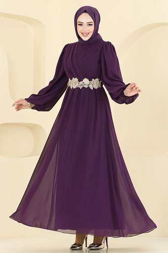 moda selvim Beli Güpürlü Şifon Abiye 8115AB368 Mor - Thumbnail