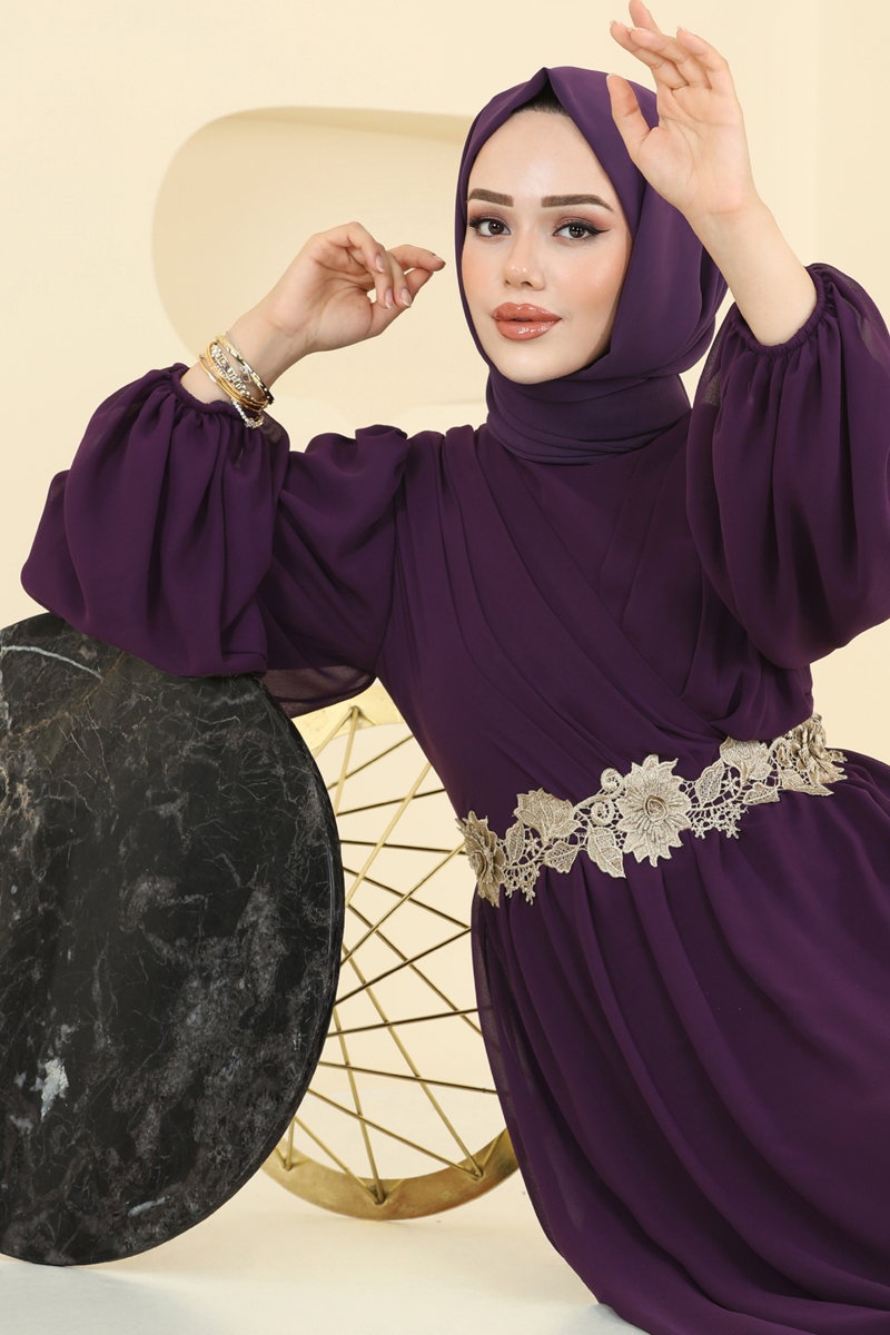 Beli Güpürlü Şifon Abiye 8115AB368 Mor