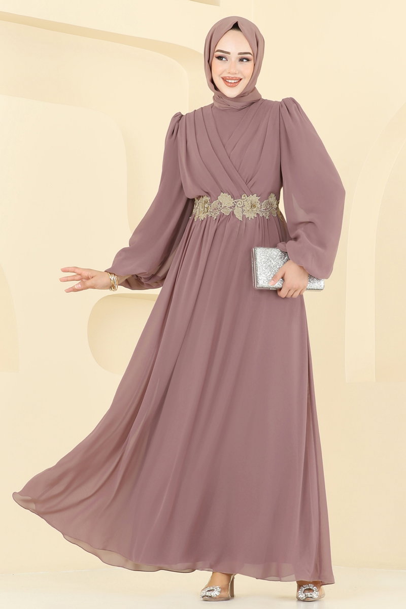 Beli Güpürlü Şifon Abiye 8115AB368 Pudra Vizyon