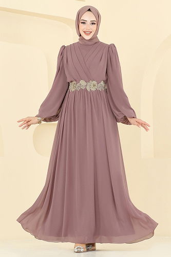 moda selvim Beli Güpürlü Şifon Abiye 8115AB368 Pudra Vizyon - Thumbnail