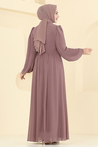 moda selvim Beli Güpürlü Şifon Abiye 8115AB368 Pudra Vizyon - Thumbnail