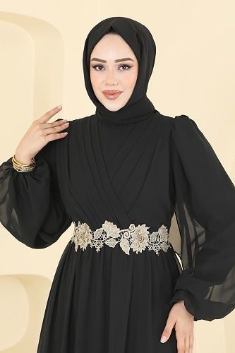 moda selvim Beli Güpürlü Şifon Abiye 8115AB368 Siyah - Thumbnail