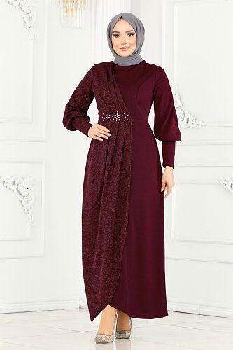 moda selvim Beli İşlemeli Krep Elbise ASM2721 Bordo - Thumbnail