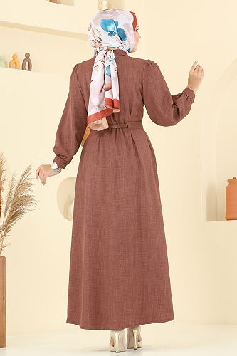 moda selvim Beli Kemer Detaylı Sofia Elbise 3159HBS856 Kahve - Thumbnail