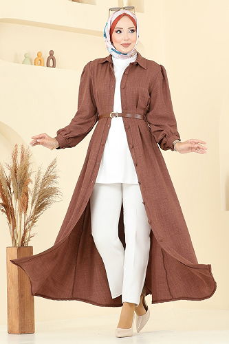 moda selvim Beli Kemer Detaylı Sofia Elbise 3159HBS856 Kahve - Thumbnail