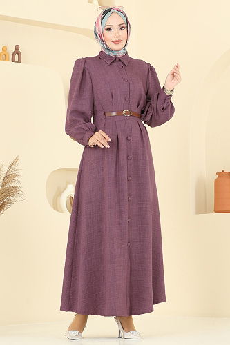 moda selvim Beli Kemer Detaylı Sofia Elbise 3159HBS856 Koyu Lila - Thumbnail
