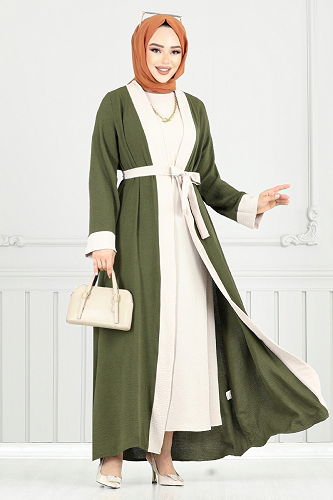 moda selvim Beli Kemerli Abaya Takım 0339BGS895-M Haki - Thumbnail