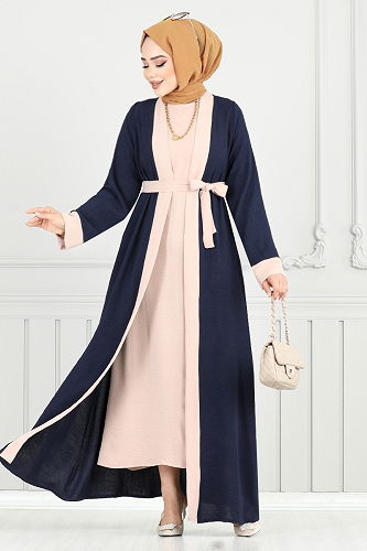 moda selvim Beli Kemerli Abaya Takım 0339BGS895-M Laci - Thumbnail